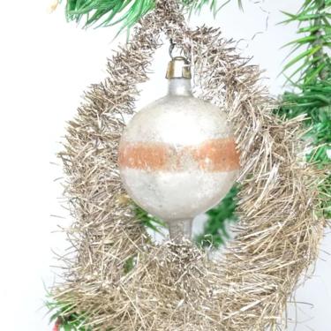 Antique Mercury Glass Ball in Tinsel Wreath Christmas Ornament, Vintage Victorian 