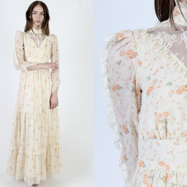Vintage 70s Peach Bouquet Floral Dress / Renaissance Festival Outfit / 1970s Colonial Country Prairie Cream Lace Maxi Dress 