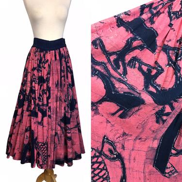 1970s Indonesian Batik Print Full Skirt Bohemian Style with Scenic Print 