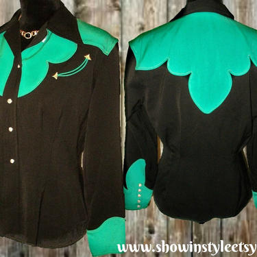 Vaquero Fashions Vintage Western Women's Cowgirl Shirt, Western Blouse, Black and Teal Green, Approx. Small (see meas. photo) 