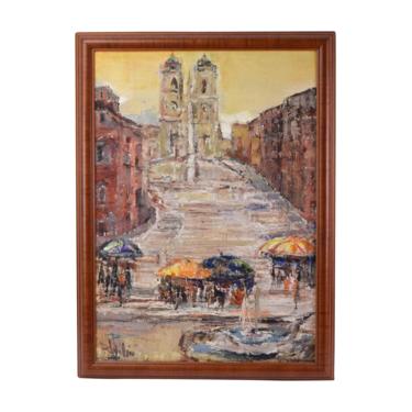 Mid-century Oil Painting Spanish Plaza by Russian artist Wilimowska 
