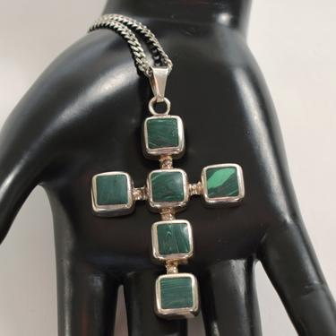 80's Taxco 925 silver malachite industrial cross pendant, edgy Mexico TP-60 sterling green stone Modernist Italy curb chain necklace 