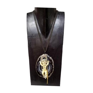Huge Vintage Cherub Brooch Necklace - Agate Slice Jewelry 