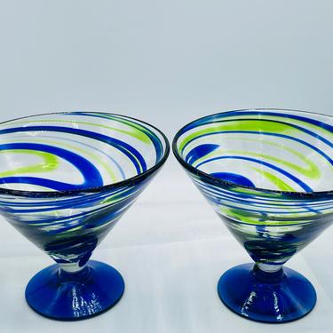 Vintage pair of (2)  Handmade Blown Mexican Margarita Glass Blue Green Swirl Recycled Glass- 16 ounces 