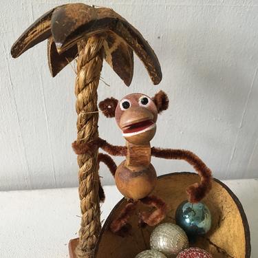 Vintage Monkey Coconut Souvenir Art, Wood Bead And Pipe Cleaner Chimp, Rope Coconut Palm Tree, Hand Made 