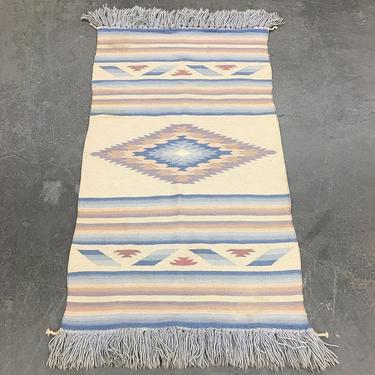 Vintage Area Rug 1990s Retro Size 80x40 Southwestern + Pastel Colors + Wool + Rectangular Shape + With Yarn Fringe + Home and Floor Decor 