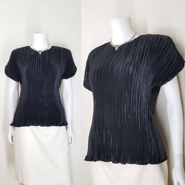 Vintage Fortuny Pleated Blouse, Large / Satin Back Button Blouse / Silky Short Sleeve Cocktail Blouse / Art Deco Style Black Dress Blouse 