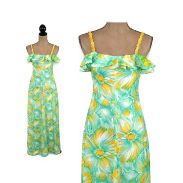70s Maxi Dress XS, Long Floral Sundress with Ruffle, Flowy Summer Sun Dress Women Size 0 2, Blue Green Yellow Vintage Clothing 1970s Clothes 