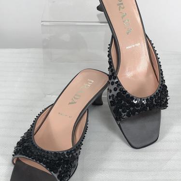 Prada Silver Satin & Black Sequin Open Toe Under Slung Heel Mules 38