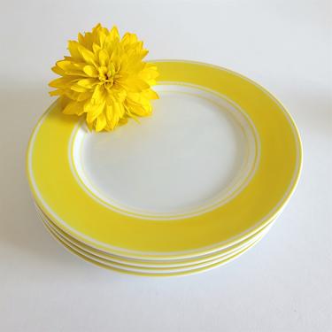 Vintage Bright Yellow Porcelain Plates, Set of 4 Salad or Dessert Plates, Fitz &amp; Floyd Roundelet 1975 