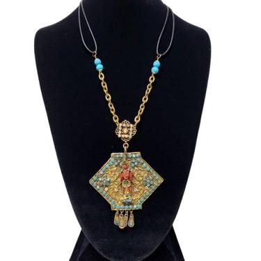 Thai Brass Turquoise and Coral Pendant Necklace - Handcrafted Tibetan Jewelry 