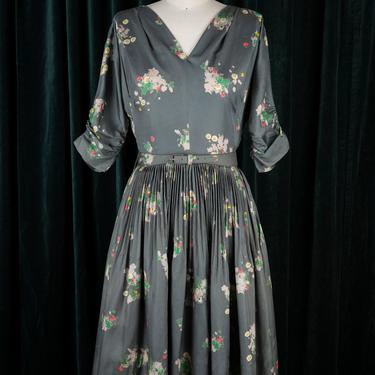 Vintage 1950s R & K Original Floral Print Gray Pleated Dress with Matching Belt and Crinoline Underlay 