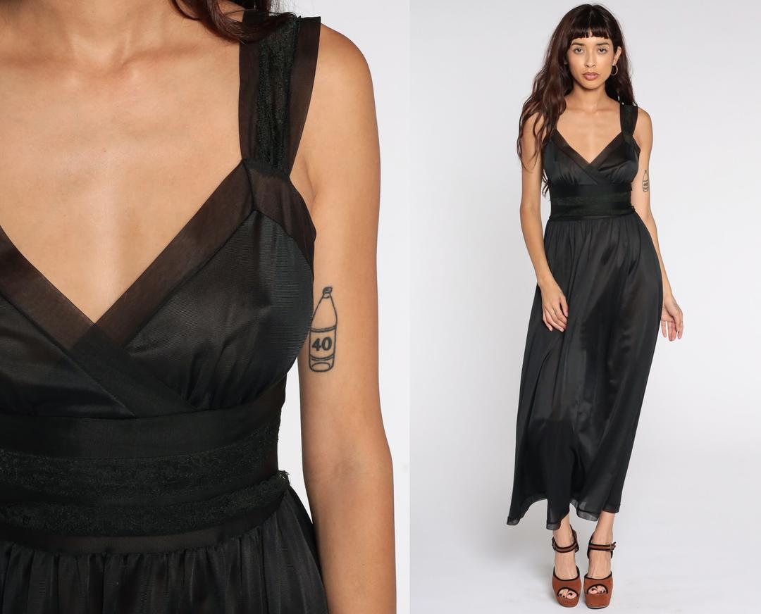 Black Nightgown Slip Dress 70s Maxi LACE Boho SHEER Lingerie Shop
