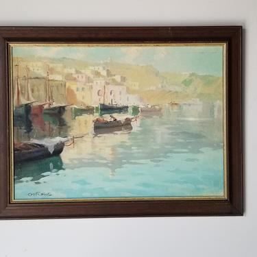 1970's Conte Lalvatore Boats - Cityscape Oil on Canvas Painting 