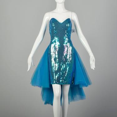 Medium 1980s Dress Tulle Sequin Teal Strapless Bustle Prom Gown Asymmetrical Hem 
