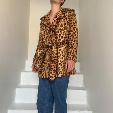 Iconic 1970s Big Collar Belted Leopard Faux Fur Jacket With Leather Trim Size Medium Vintage 