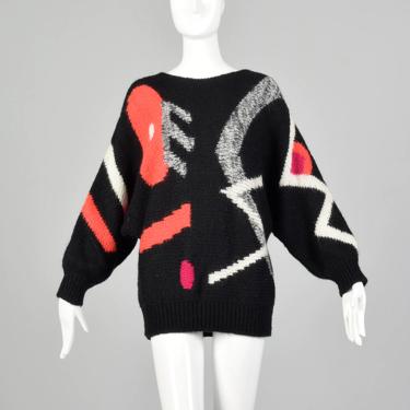 Medium Adolfo 1990s Black Sweater Geometric Oversized Wool 80s 
