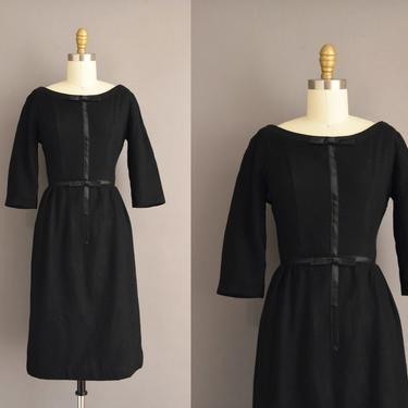vintage 1950s dress | Classic Winter Fall Staple Black Wool Pencil Skirt Dress | XS Small | 50s vintage dress 