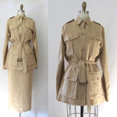 RALPH LAUREN Glam Safari Vintage 90s Suit | 1990s RRL Khaki Linen Belted Blazer Jacket &amp; Cargo Skirt Set | Designer Blue Label | Size Small 