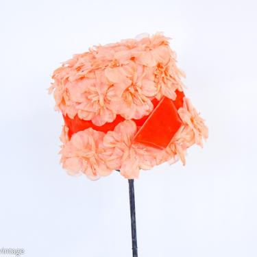 1960s Orange Flower Bucket Hat | 60s Orange Chiffon Flower Covered Hat 