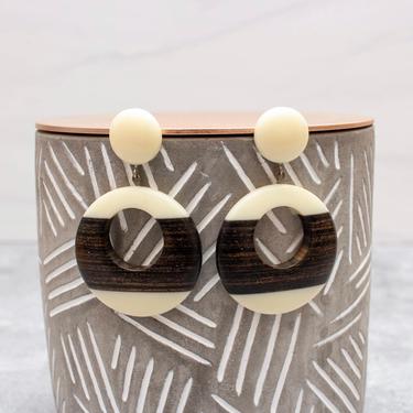 Vintage 1980s Mod Circle Dangle Earrings - Wood Inlay Brown & Off-White Large Statement Earrings 