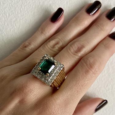 Emerald Green Glass &amp; Diamond Rhinestone Gold Cocktail Ring