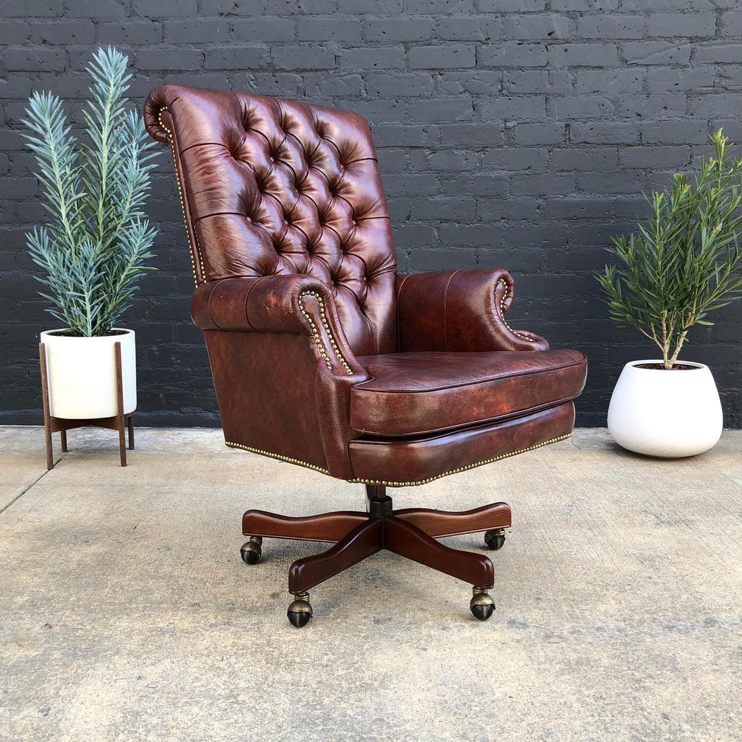 Vintage Cognac Leather Chesterfield Swivel Office Chair Vintage