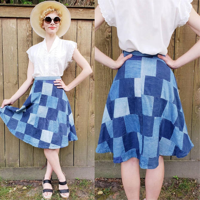 1970s Blue Denim Patchwork Skirt 70s Blue Jean Square Pattern RareJule Vintage Chicago IL