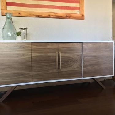 FREE SHIPPING~ NEW Hand Built Mid Century Inspired Buffet / Credenza. White & Walnut four door with angled leg base. 