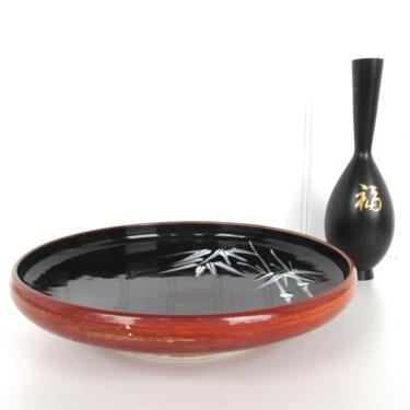 Beautiful Japanese Porcelain Low Profile Bowl, Vintage Hand Painted Shallow Serving Dish, Bamboo Pedestal Dish, Sashimi Sushi Plate 