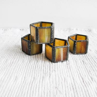 Set of 4 Hand Crafted Amber Stained Glass Hexagon Napkin Holders 