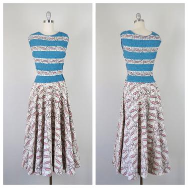 vintage 40s, 1940s novelty print dress, Frances Sider resort, cotton, rare designer, size small 
