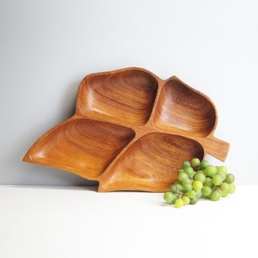 Monkey pod leaf serving tray - four sections - 1960s vintage 