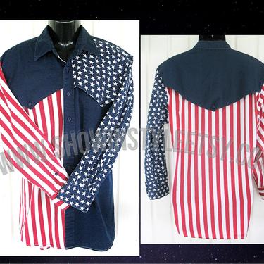 Vintage Retro Western Men's Cowboy Shirt by Roper, Rockabilly Rodeo Shirt, U.S.a. Patriotic Stars & Stripes, Size XLarge (see meas. photo) 