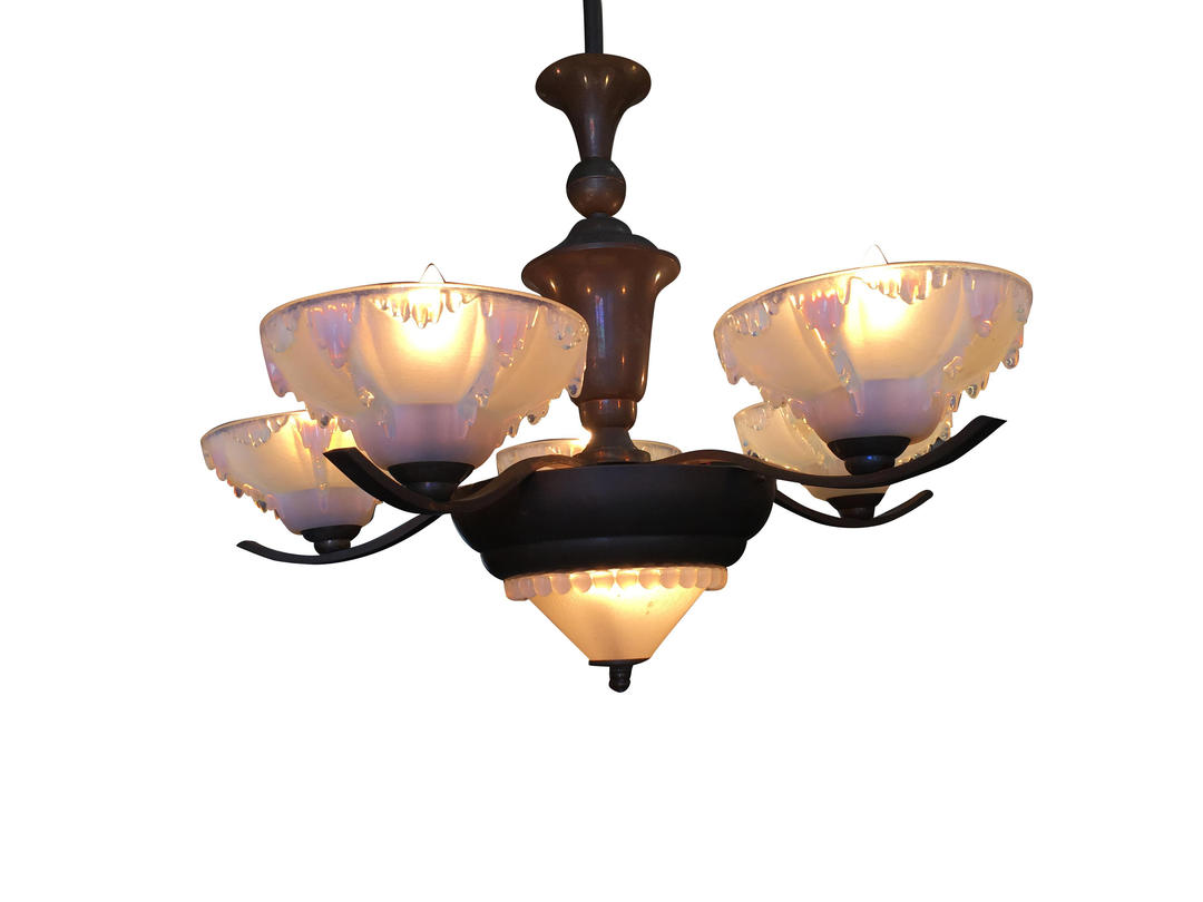 Pressed Vaseline Icicle Glass Art Deco Chandelier Harvey's on Beverly