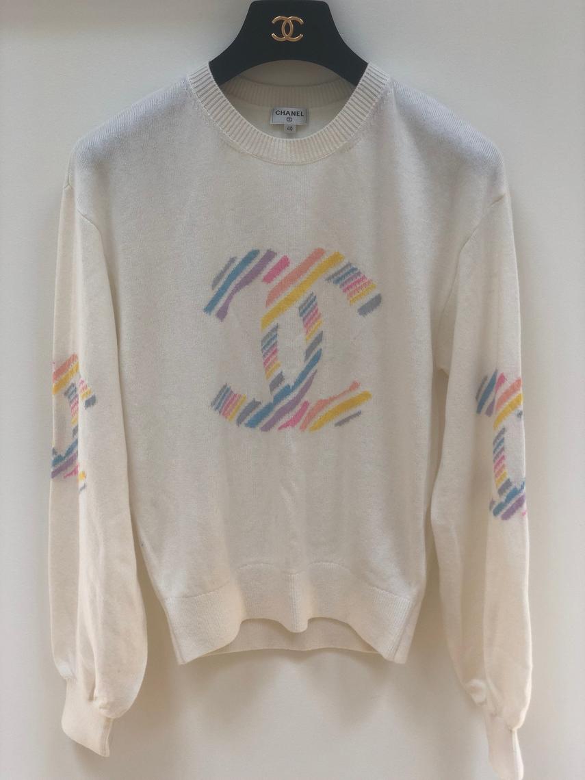 Vintage 90 s CHANEL Cashmere Huge CC Logo Monogram RAINBOW Multicolor Moonstone Vintage Los Angeles CA