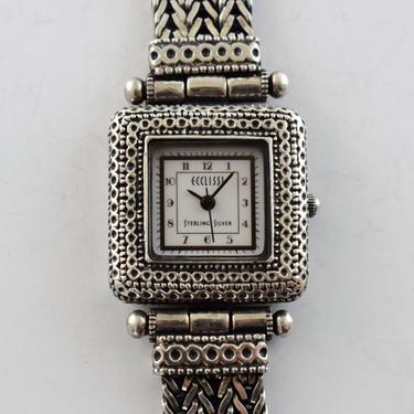 Vintage Ecclissi 32320 sterling MOP geometric tank watch, heavy ornate 925 silver Mother of Pearl square statement watch 