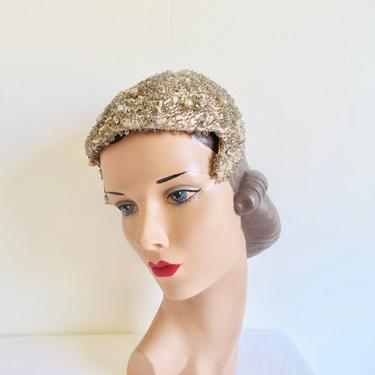 Vintage 1950's Champagne Satin Fascinator Hat Rhinestones Pearls Glass Beads Evening Cocktail Party Wedding Bridal Formal 50's Millinery 