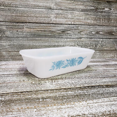 Vintage Glasbake Loaf Pan, Glasbake Thistle Flower, Bread Loaf Casserole Dish, Food Storage, White Milk Glass, Aqua &amp; White Vintage Kitchen 