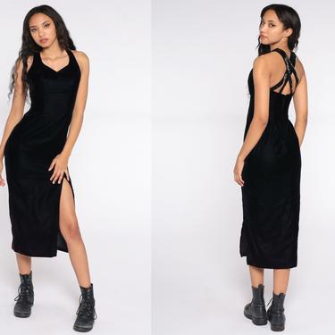 a line black dress Authentic vintage 90s velvet dress grunge maxi high slit gothic sleeveless  M