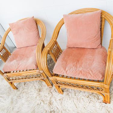 Set of 2 Large Vintage Bamboo Lounge Chairs with Dusty Rose Velvet Cushions and Pillows 