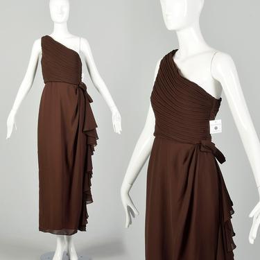 XS 1980s Morton Myles Brown Asymmetric Maxi Dress 
