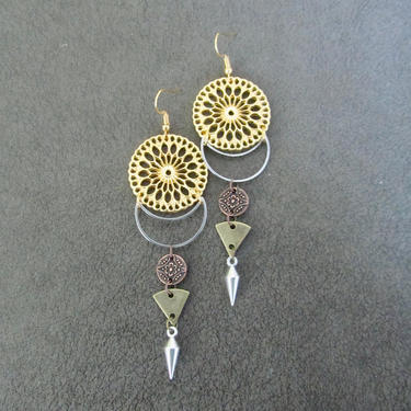 Long geometric earrings, Large bold statement earrings, unique modern earrings, ethnic earrings, mixed metal earrings, exotic hippie 20 