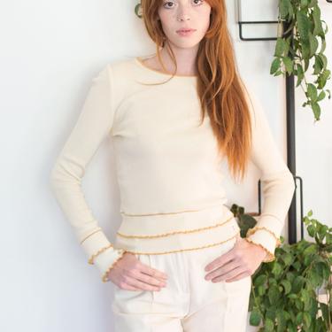 Vintage CHANEL CC Logo Cream Sweater with Gold Ruffle Trim Backroom Clothing Los Angeles CA