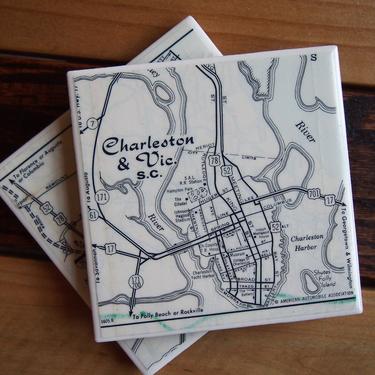 1964 Vintage Charleston South Carolina Map Coaster Set of 2. Charleston Map Gift. Housewarming Gift. Carolina Décor Coastal The Citadel Map. 