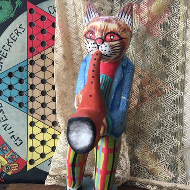 Vintage Anthropomorphic Wooden Cat Musician, Folk Art Cat, Sax Player, Hand Painted, Yellow Tabby Cat 
