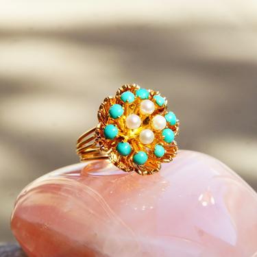 Vintage 14K Rose Gold Seed Pearl &amp; Turquoise Bead Dome Cluster Ring, Ornate Gold Flower Cocktail Ring, Gold Wire Band, Size 6 3/4 US 