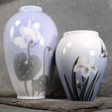 Pair of Royal Copenhagen Porcelain Vases - White Cyclamen (Early 1900s) - Iris &amp; Sparrow (1960s) | FREE SHIPPING 