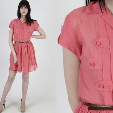 1950s Salmon Color Sheer Button Up Knee Length Dress 