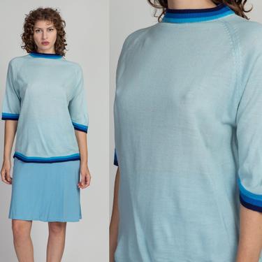70s Blue Gradient Striped Knit Mockneck Top - Men's Large | Vintage Unisex Oversized Short Sleeve Lightweight Sweater Shirt 
